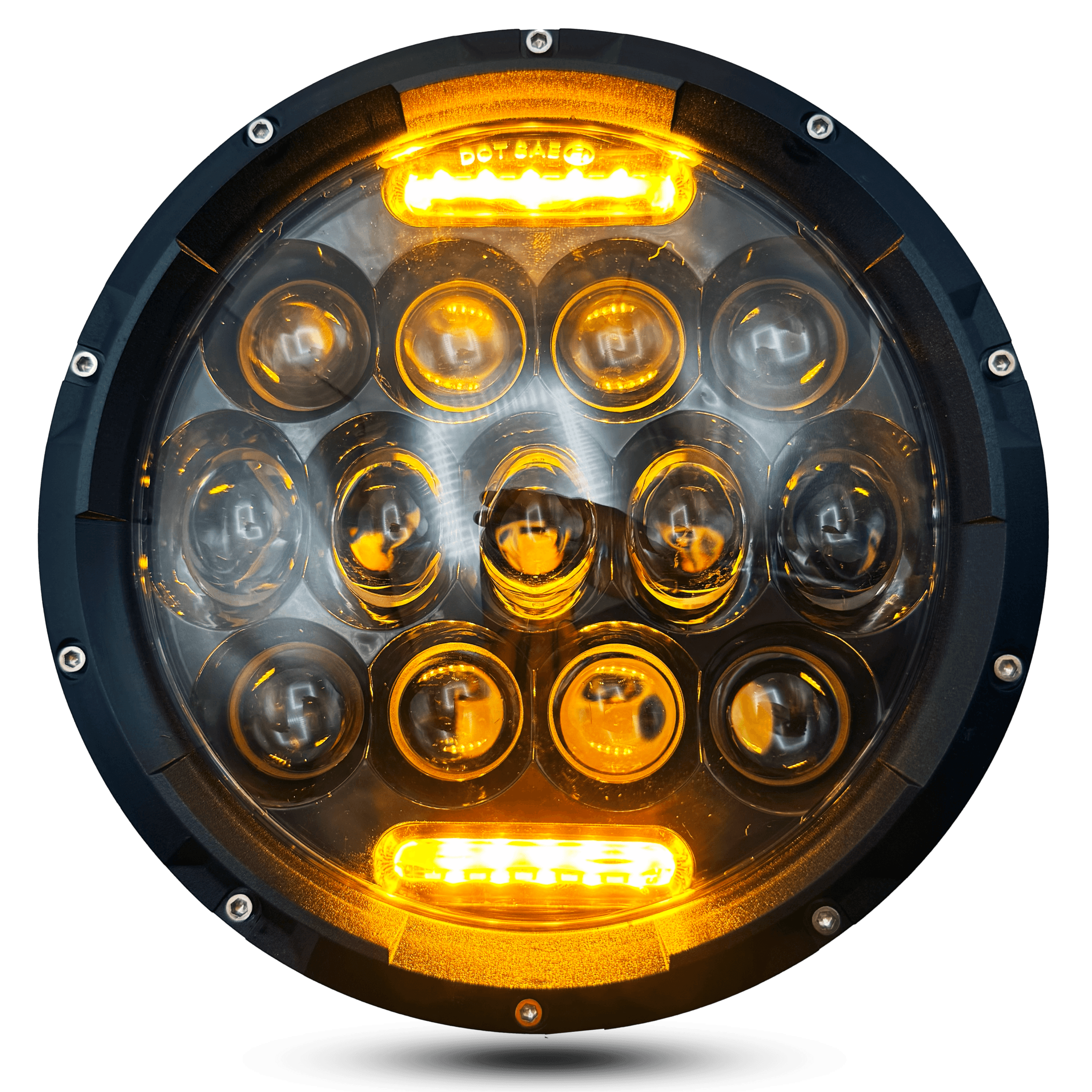 led panel x7" round headlight with black housing, clear lens, multiple led bulbs, and amber accent lights for enhanced visibility