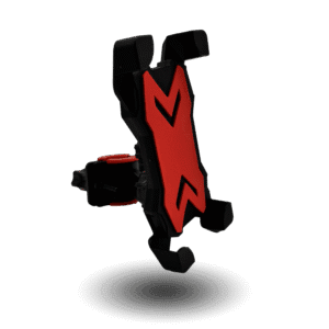 Black and red plastic mobile holder with a distinctive X-shaped design, suitable for secure phone mounting.