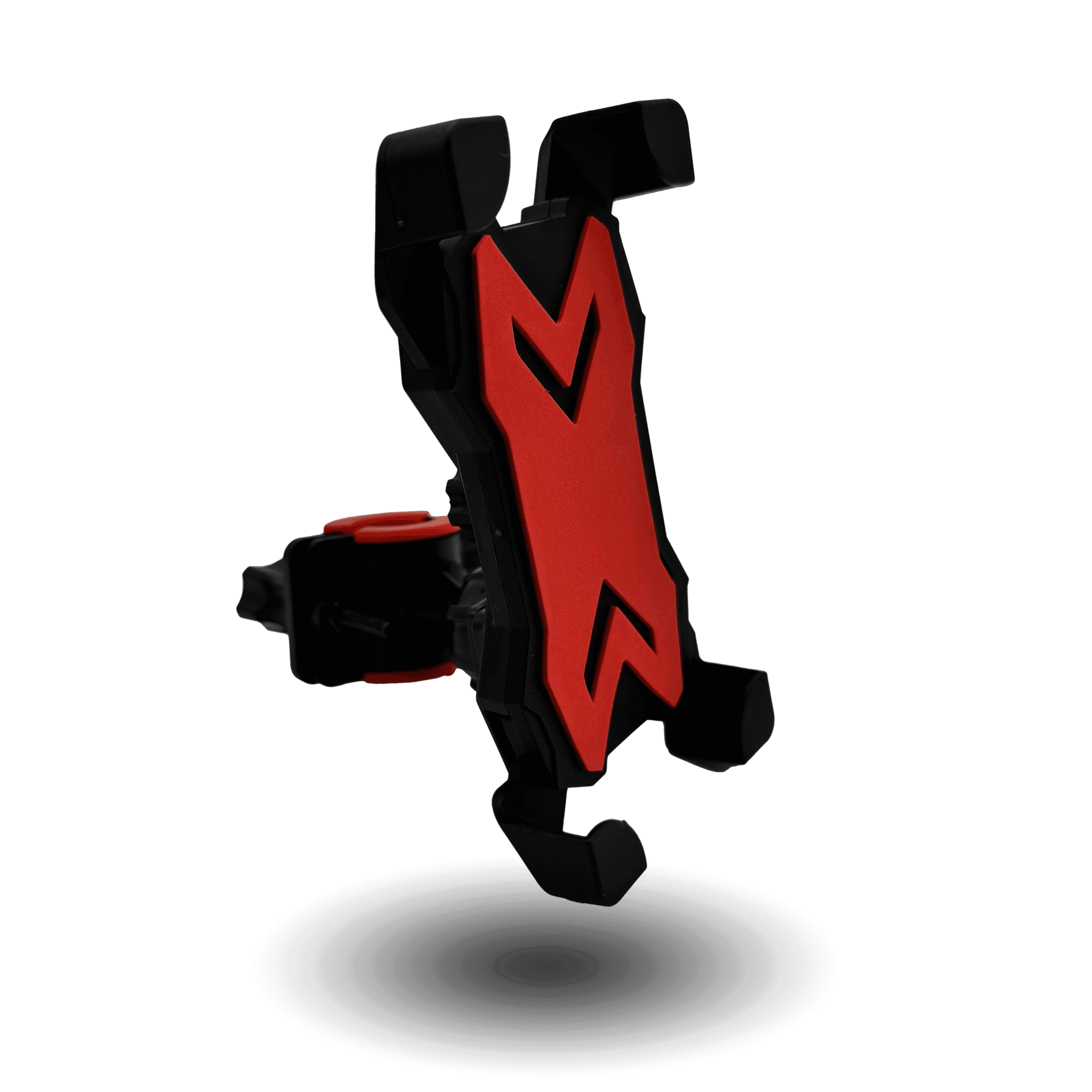 Black and red plastic mobile holder with a distinctive X-shaped design, suitable for secure phone mounting.