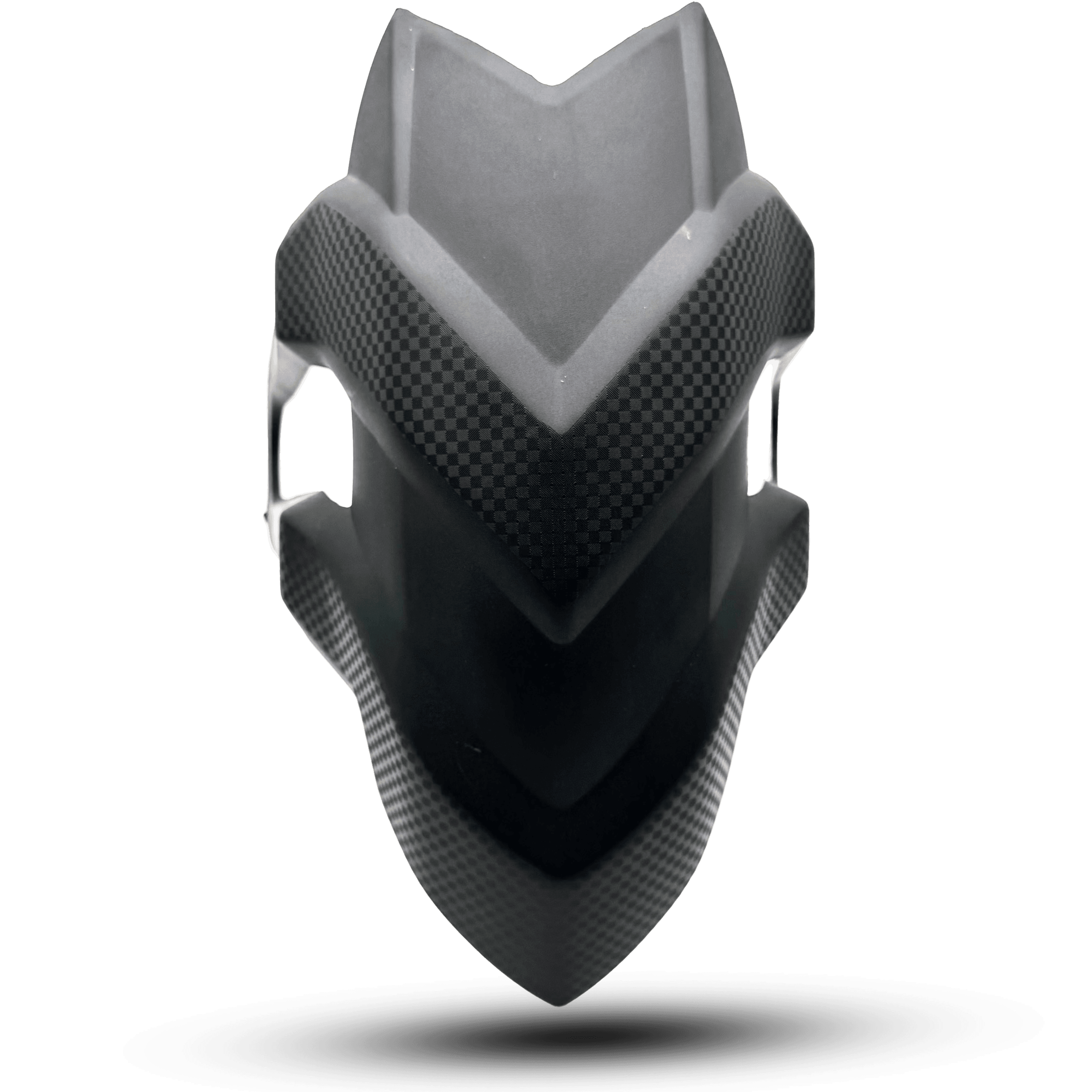 mudguard vx1: Matte black and carbon fiber textured front fender, angular design for motorcycle, offering protection and style