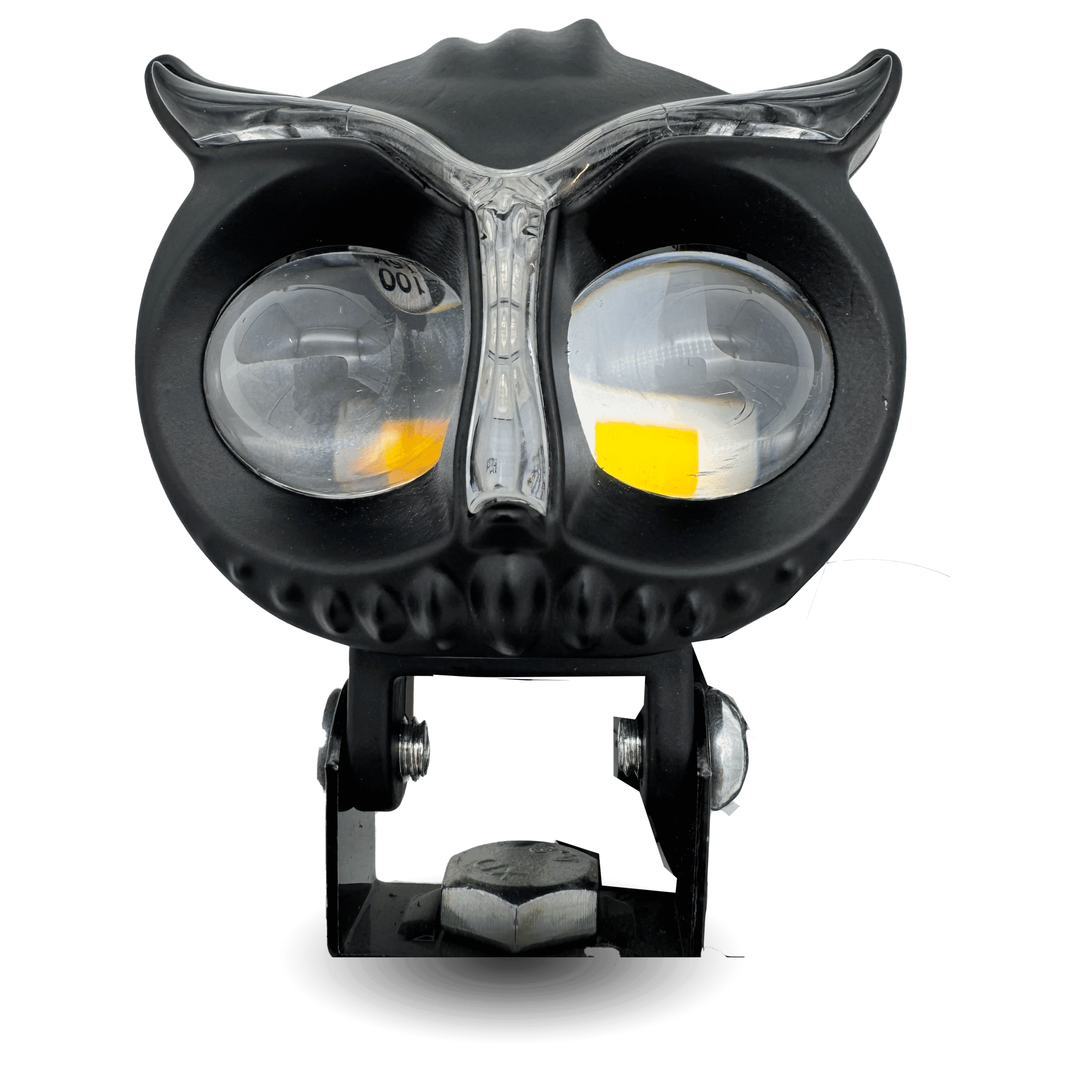 Black led owl ring metal light with clear lenses, mounted on a metal bracket with bolts. Unique owl-shaped design for decorative lighting.