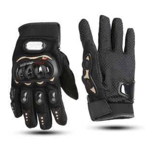 Black pro biker gloves with hard knuckle protection and reinforced palms, designed for motorcycle riding and providing enhanced grip.