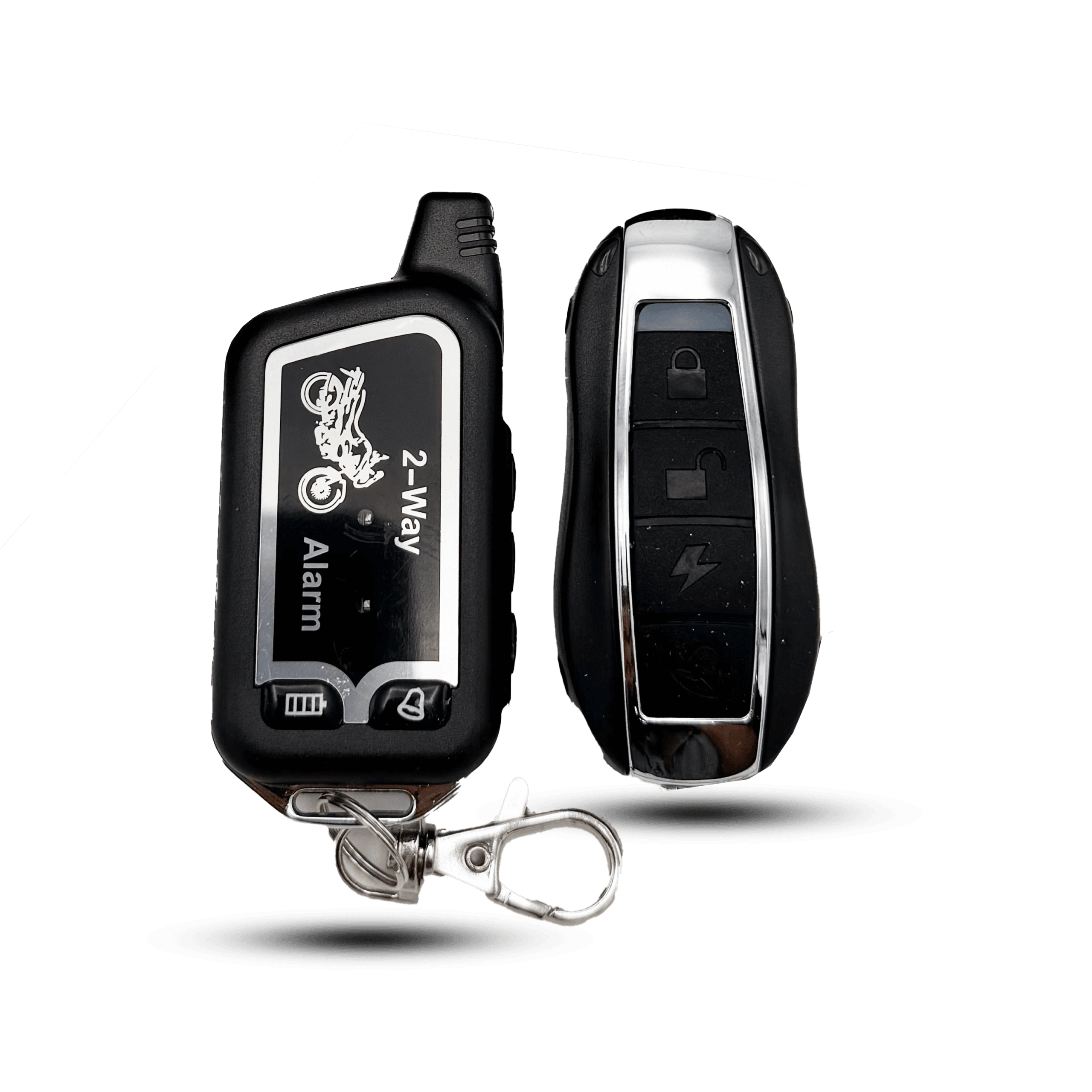 Two remotes for a security system vibration remote: one black with motorcycle graphic, and another black with chrome lock/unlock buttons.
