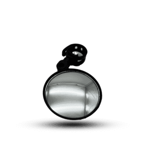 Black bicycle side mirror with adjustable mount. Small, round mirror for enhanced visibility and safety while cycling.