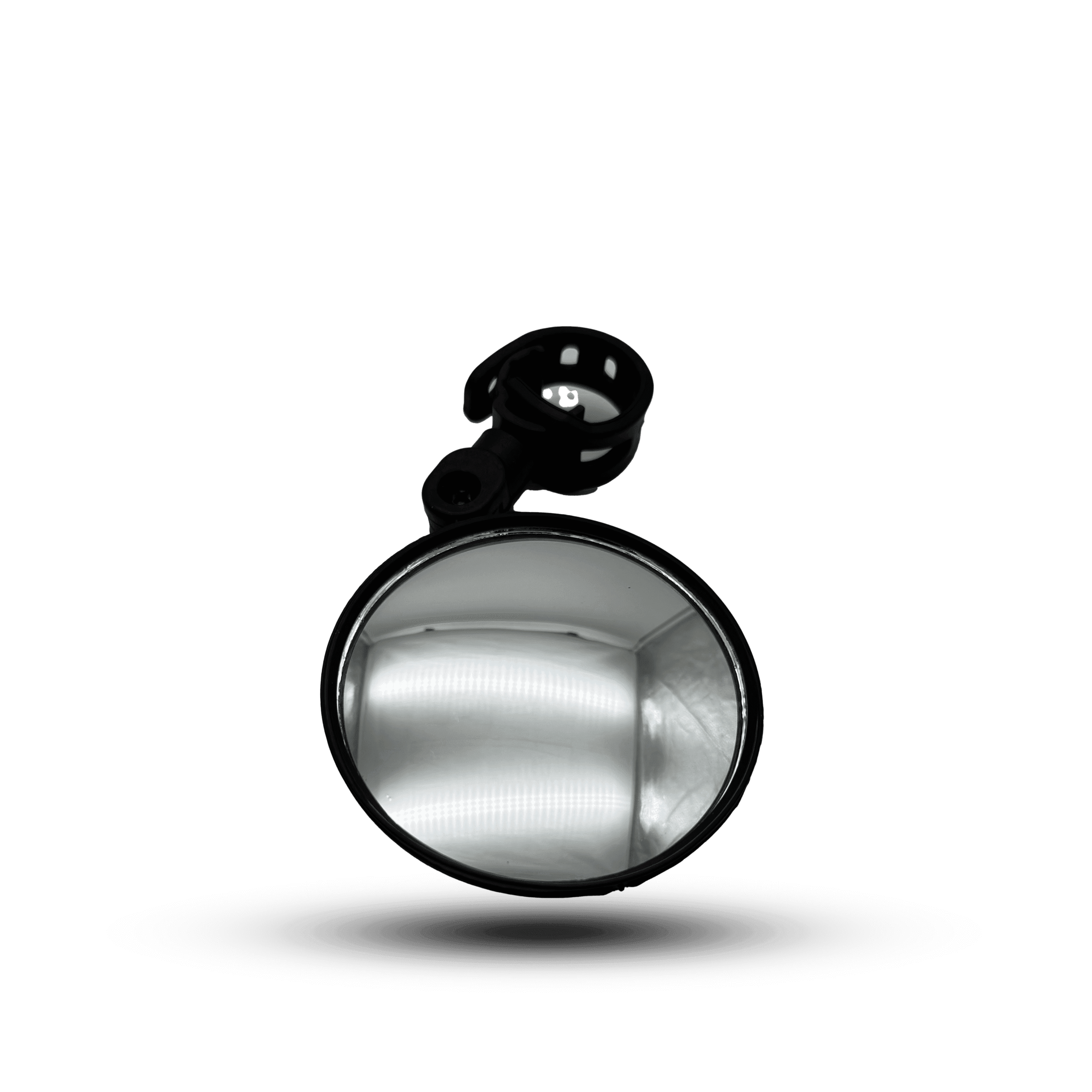 Black bicycle side mirror with adjustable mount. Small, round mirror for enhanced visibility and safety while cycling.