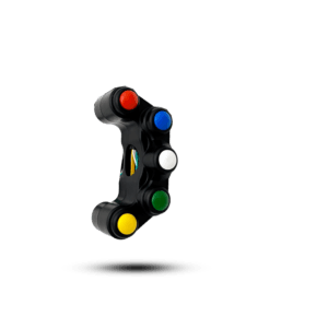 Black 5 button switch with red, blue, white, green, and yellow buttons. A handlebar-mounted control for motorcycles or ATVs.