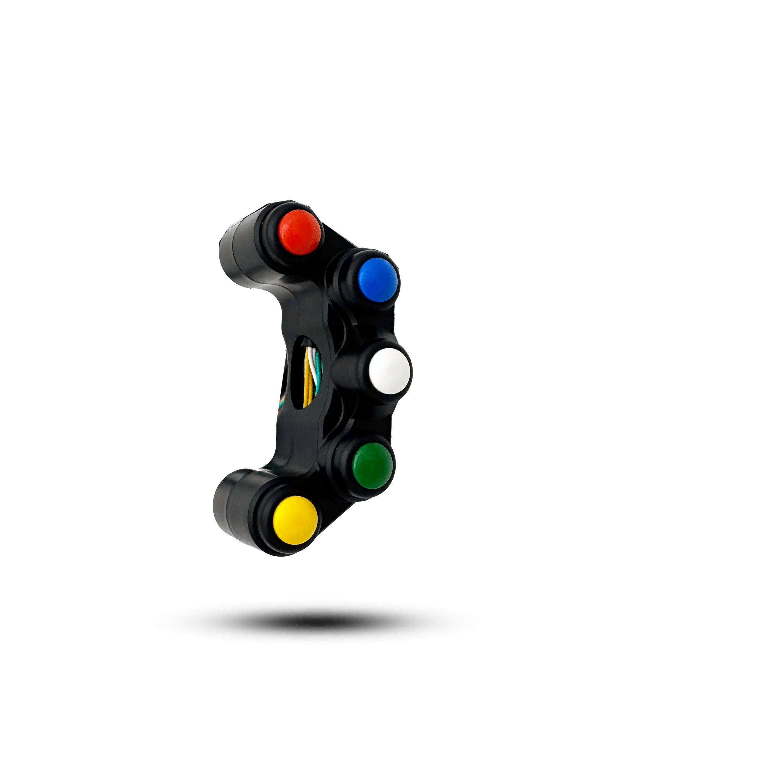 Black 5 button switch with red, blue, white, green, and yellow buttons. A handlebar-mounted control for motorcycles or ATVs.