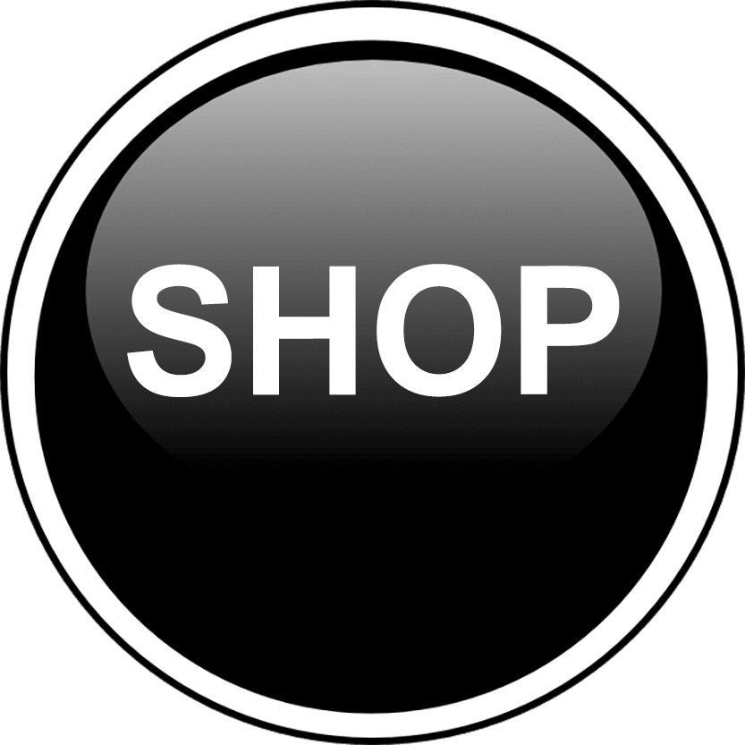 Glossy black "SHOP" button with white text and a white outline. Call to action for the footer.