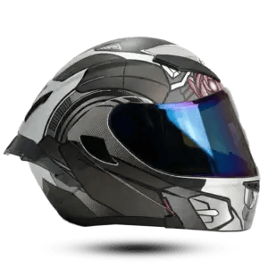 Side profile of a matte silver and charcoal grey Super Air 902 Modular motorcycle helmet featuring a futuristic mecha robot armor graphic, glowing red core accent above the brow, a striking iridescent blue-purple chrome visor, carbon fiber textures, and a dark aerodynamic rear spoiler, isolated on a black background.