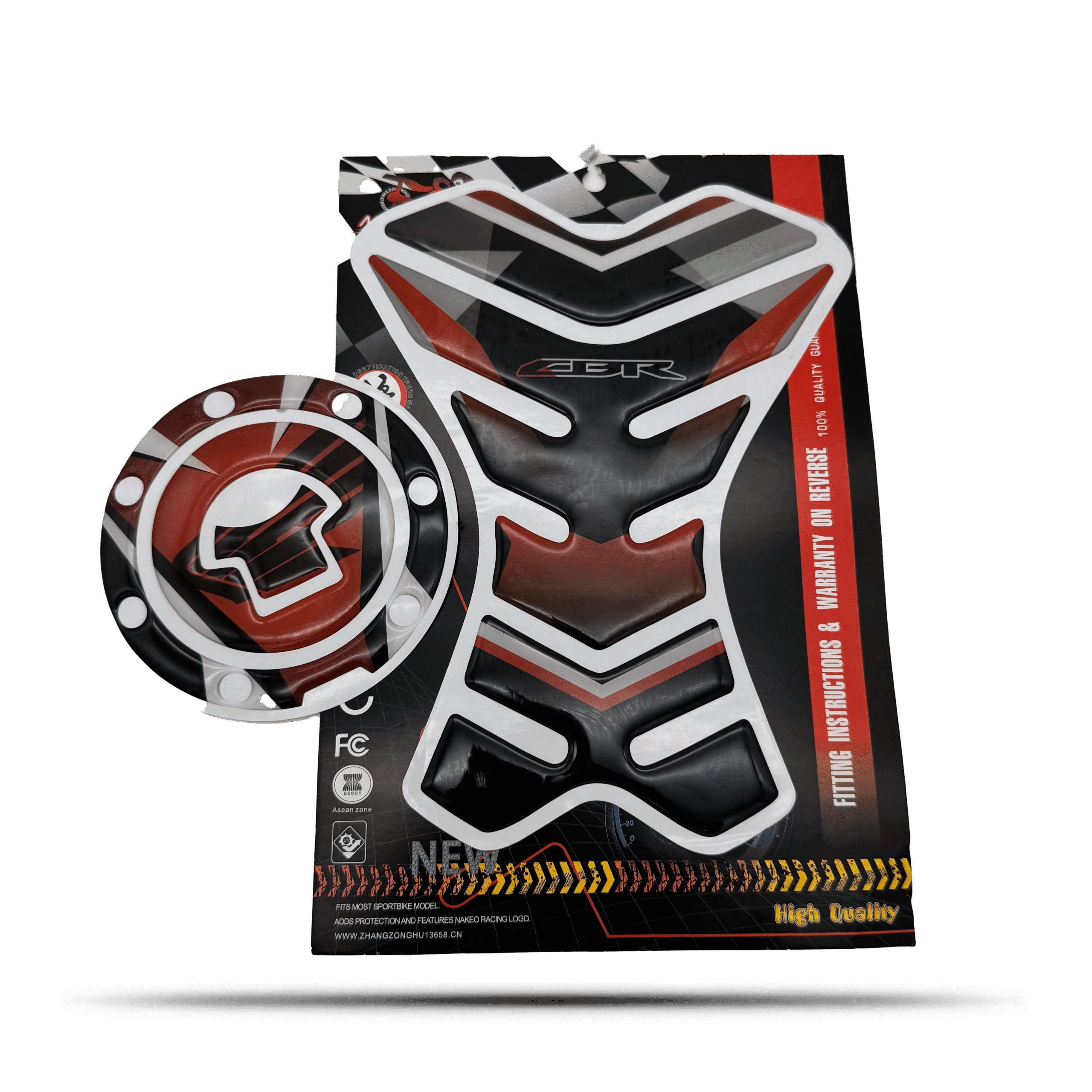 Tank pad cbr set: black, white, and red protector pad and fuel cap cover, adding style and protection to your sportbike.