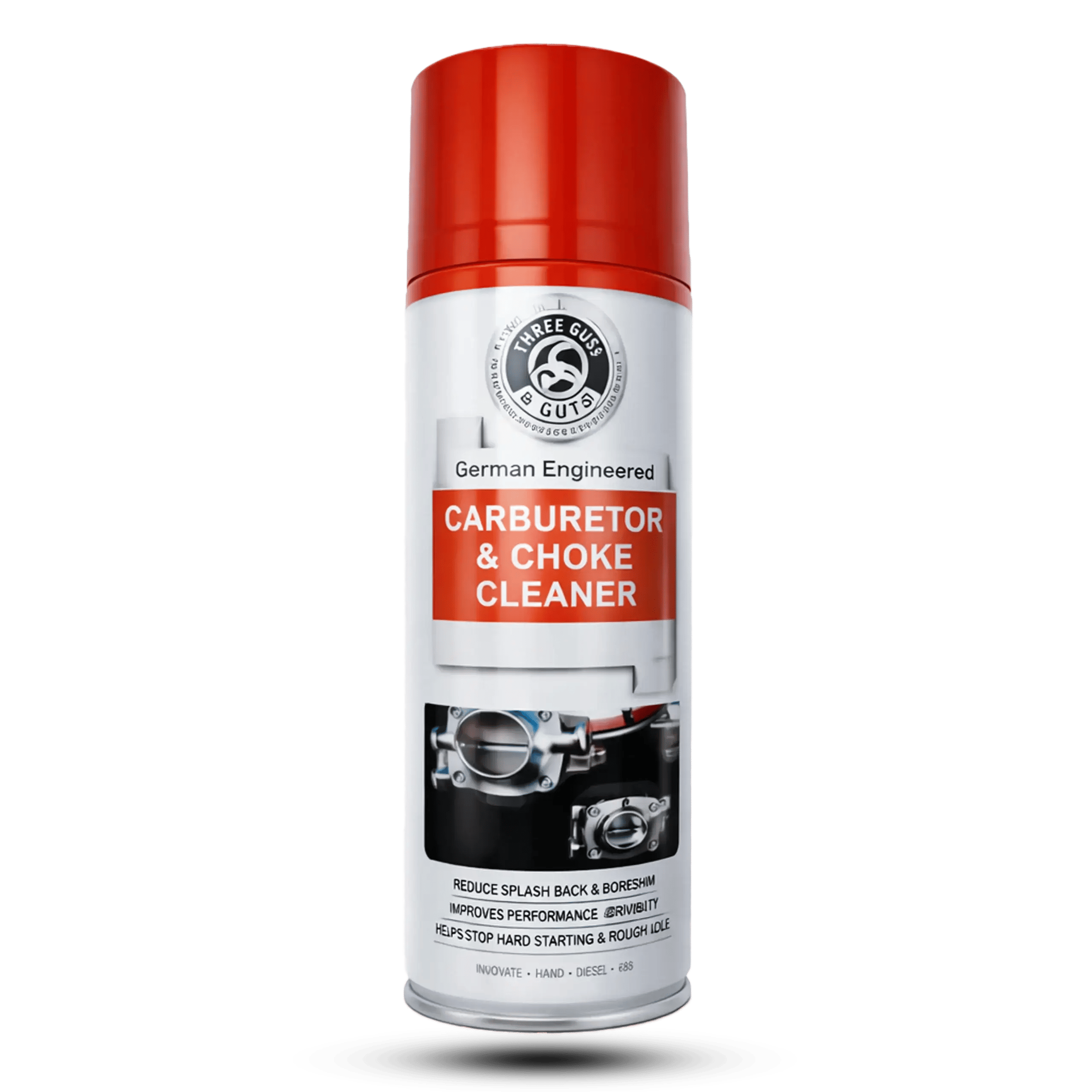 Three Guys Carburetor and Choke Cleaner 450ml spray can, German engineered engine cleaning formula for removing carbon, gum, and varnish deposits.