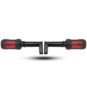 A pair of black universal motorcycle crash rod protectors with glowing red LED lights, isolated on a white background.