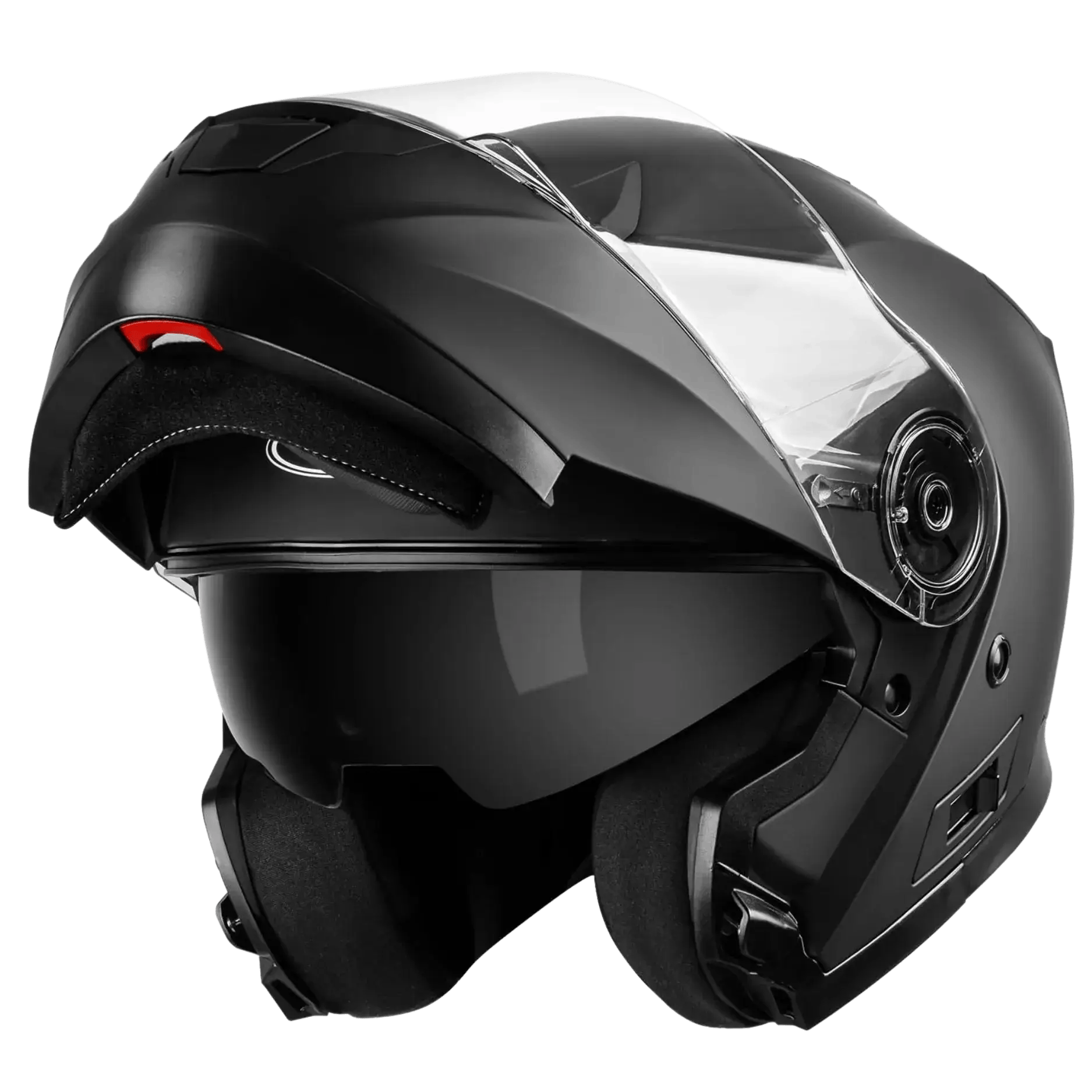 A matte black modular motorcycle helmet with the face shield and chin bar flipped up. The helmet shows the interior padding and a red safety reflector. Choosing the right helmet for your riding style is important for safety.