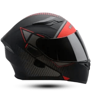 Profile of the Vector Iron Dome full-face motorcycle helmet in matte black with red geometric pinstripes, grey speed lines, and a dark smoke visor.