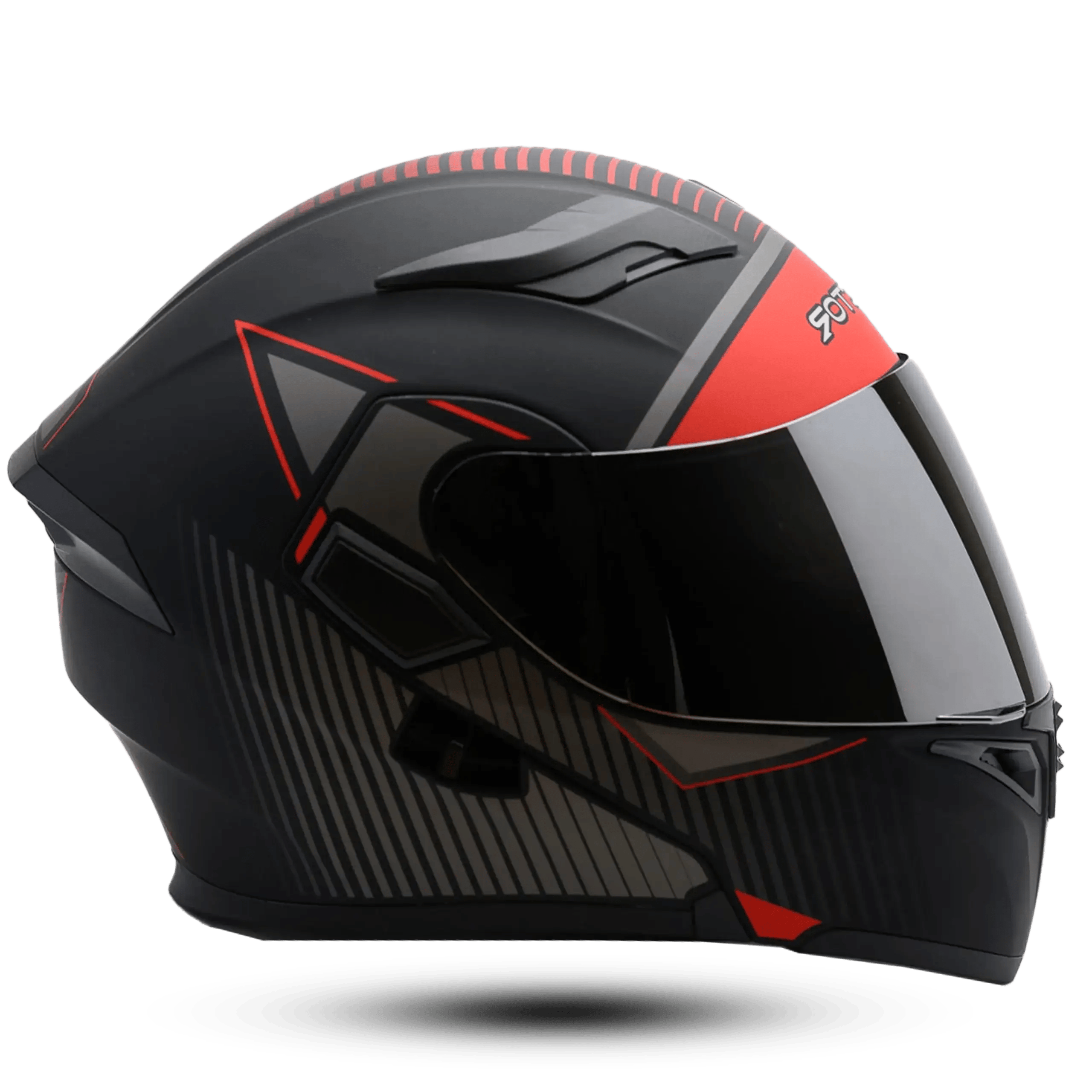Profile of the Vector Iron Dome full-face motorcycle helmet in matte black with red geometric pinstripes, grey speed lines, and a dark smoke visor.