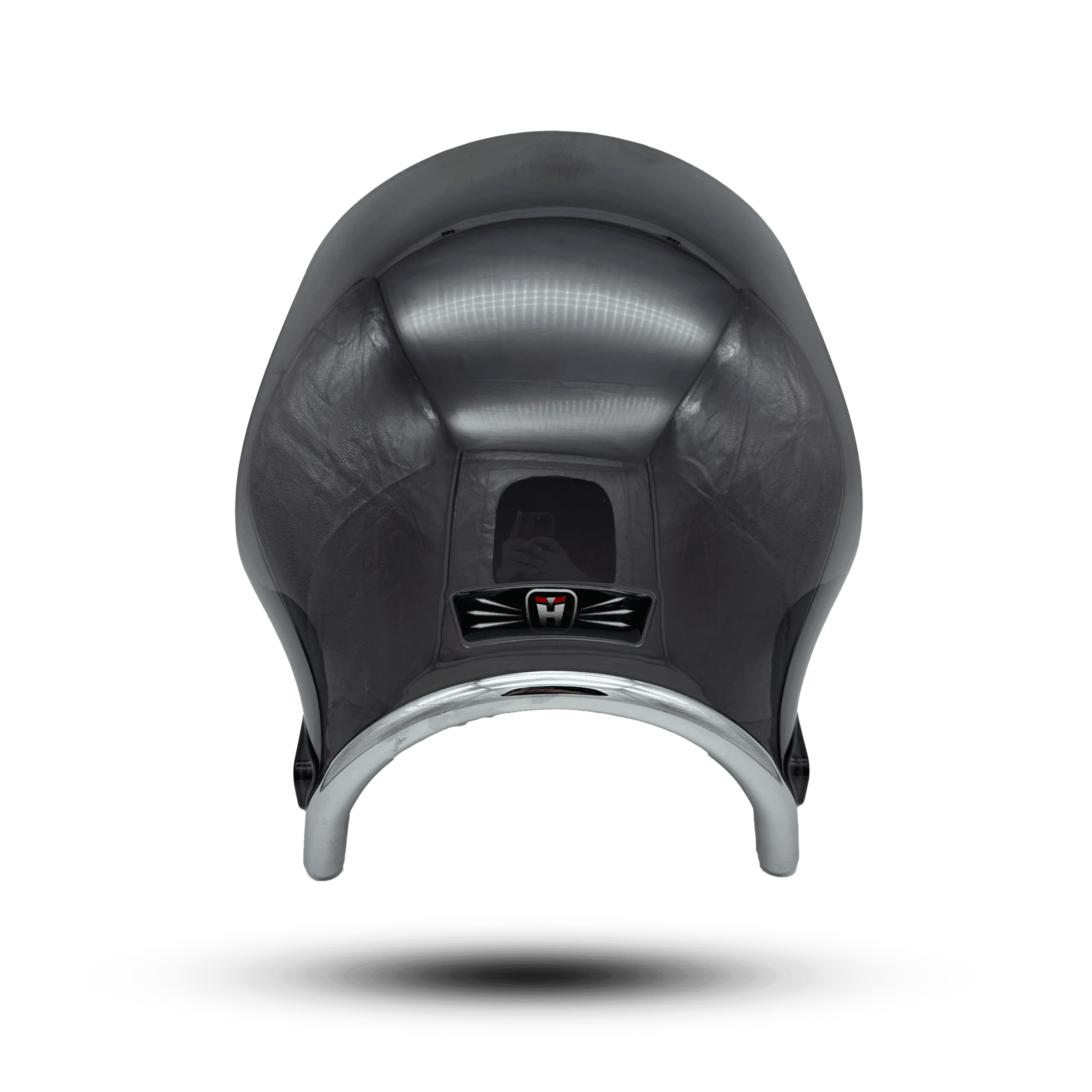 Glossy black motorcycle helmet with a silver trim and a central H logo