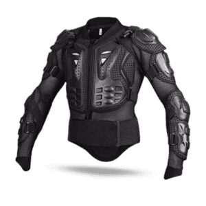 Black safety armor xs jacket with hard shell padding on chest, shoulders, elbows, and forearms, ideal for motorcycle or off-road riding protection