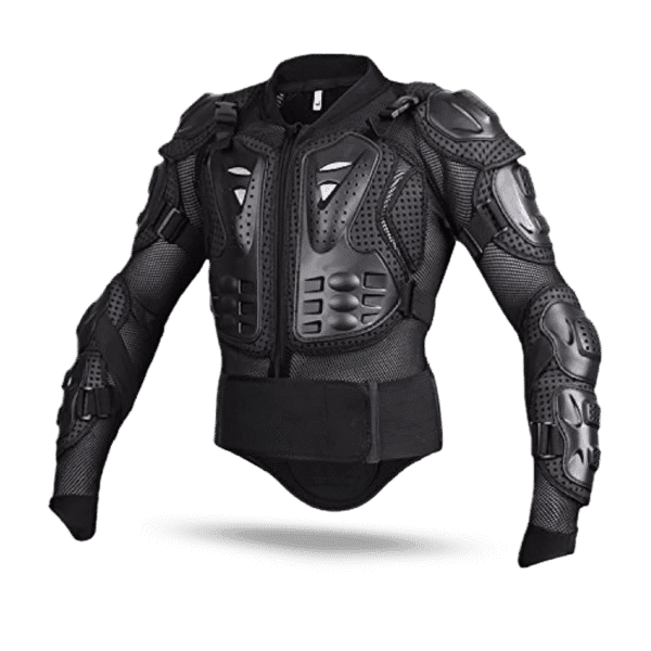 Black safety armor xs jacket with hard shell padding on chest, shoulders, elbows, and forearms, ideal for motorcycle or off-road riding protection