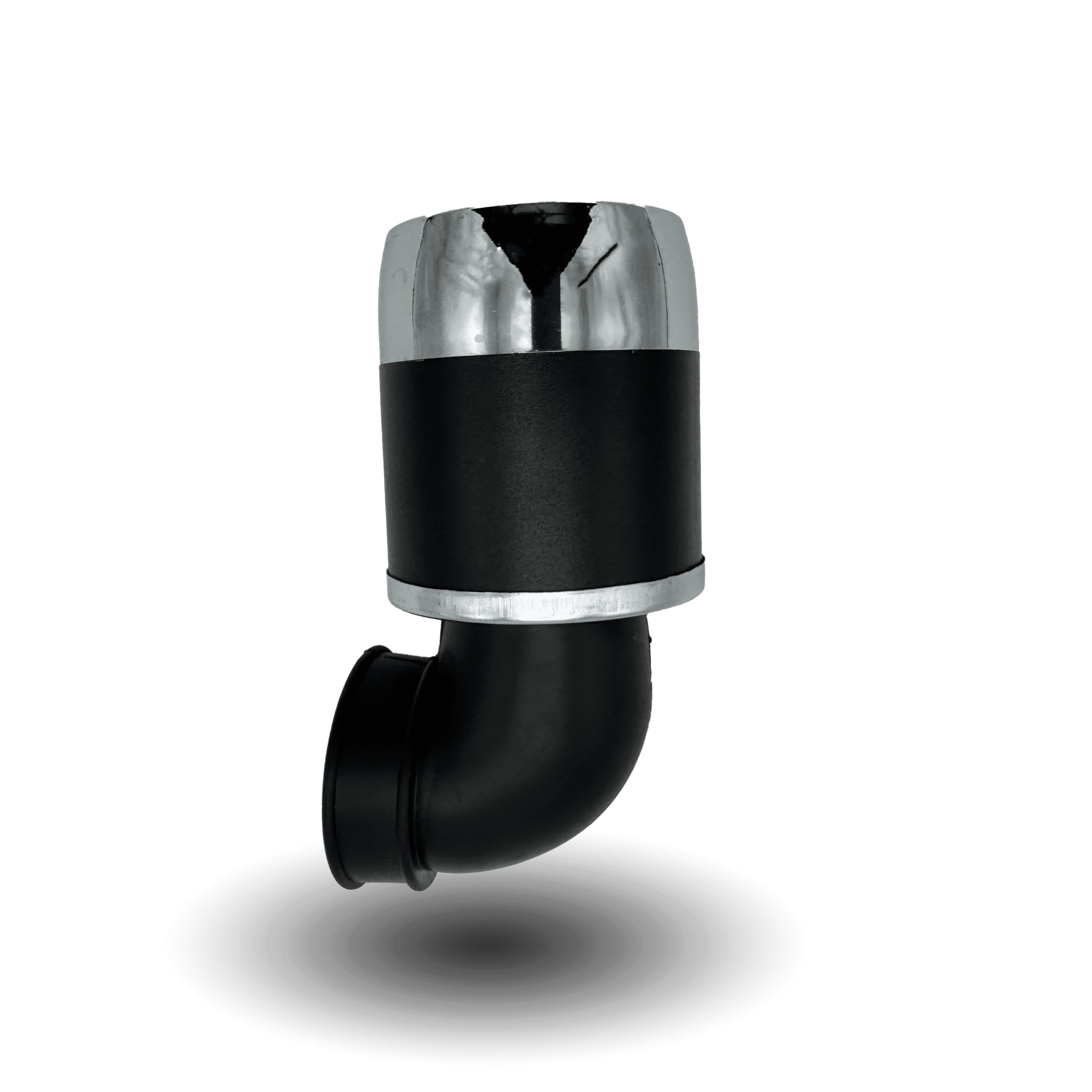 Black and chrome open air filter f1 with a 90-degree elbow, designed for optimal engine airflow