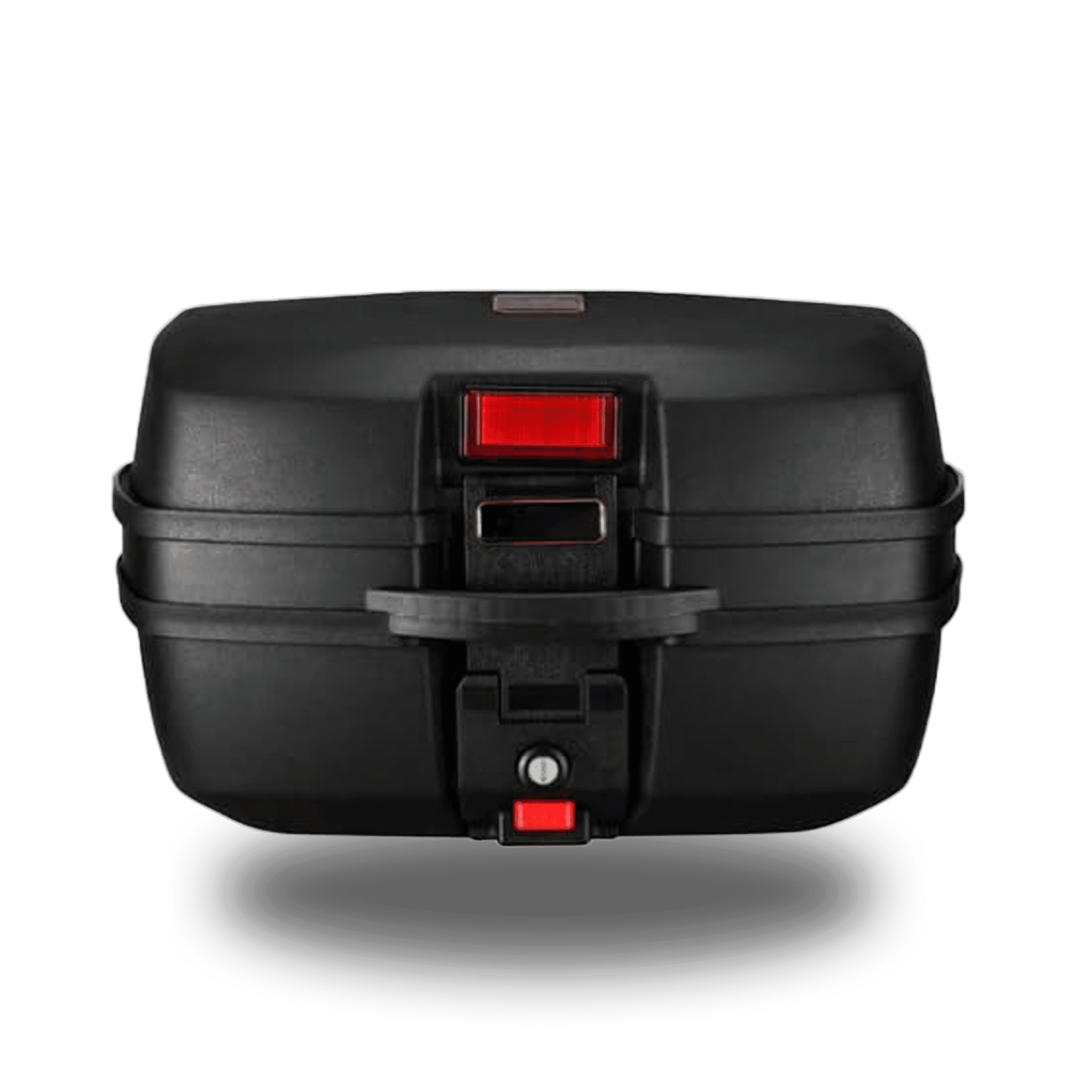 Black jdr box 32 liter top case with red reflector, lock, and sturdy mounting hardware for scooters and motorcycles