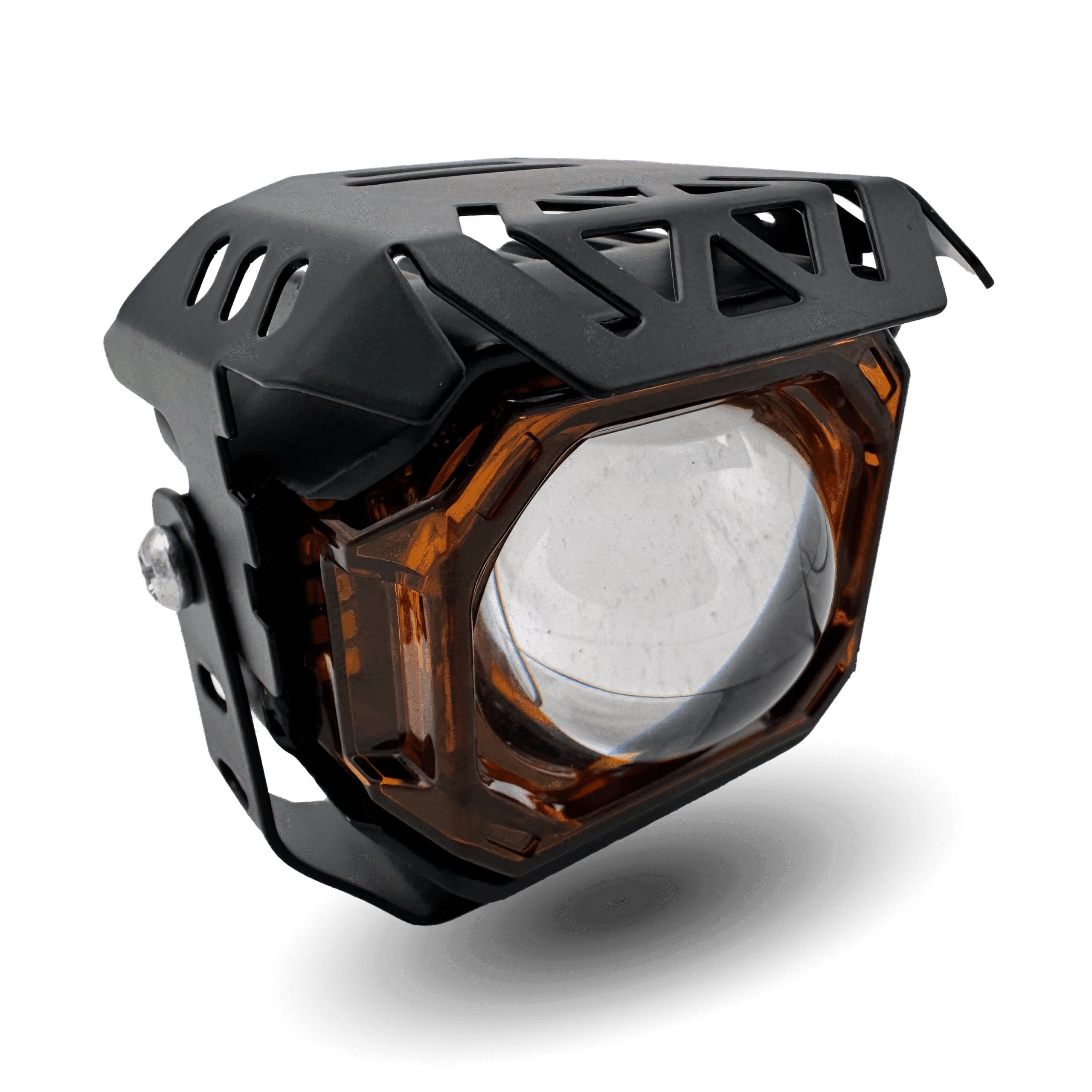 led s1 metal light: rugged black metal housing with amber lens and clear projector, designed for off-road use and durability.