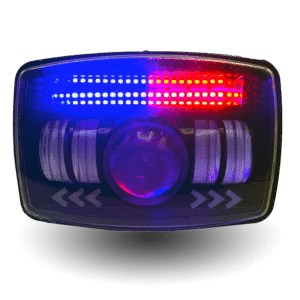 led panel dolphin headlight: Rectangular unit with blue/red LED bar, central lens, ribbed sides, and directional arrows