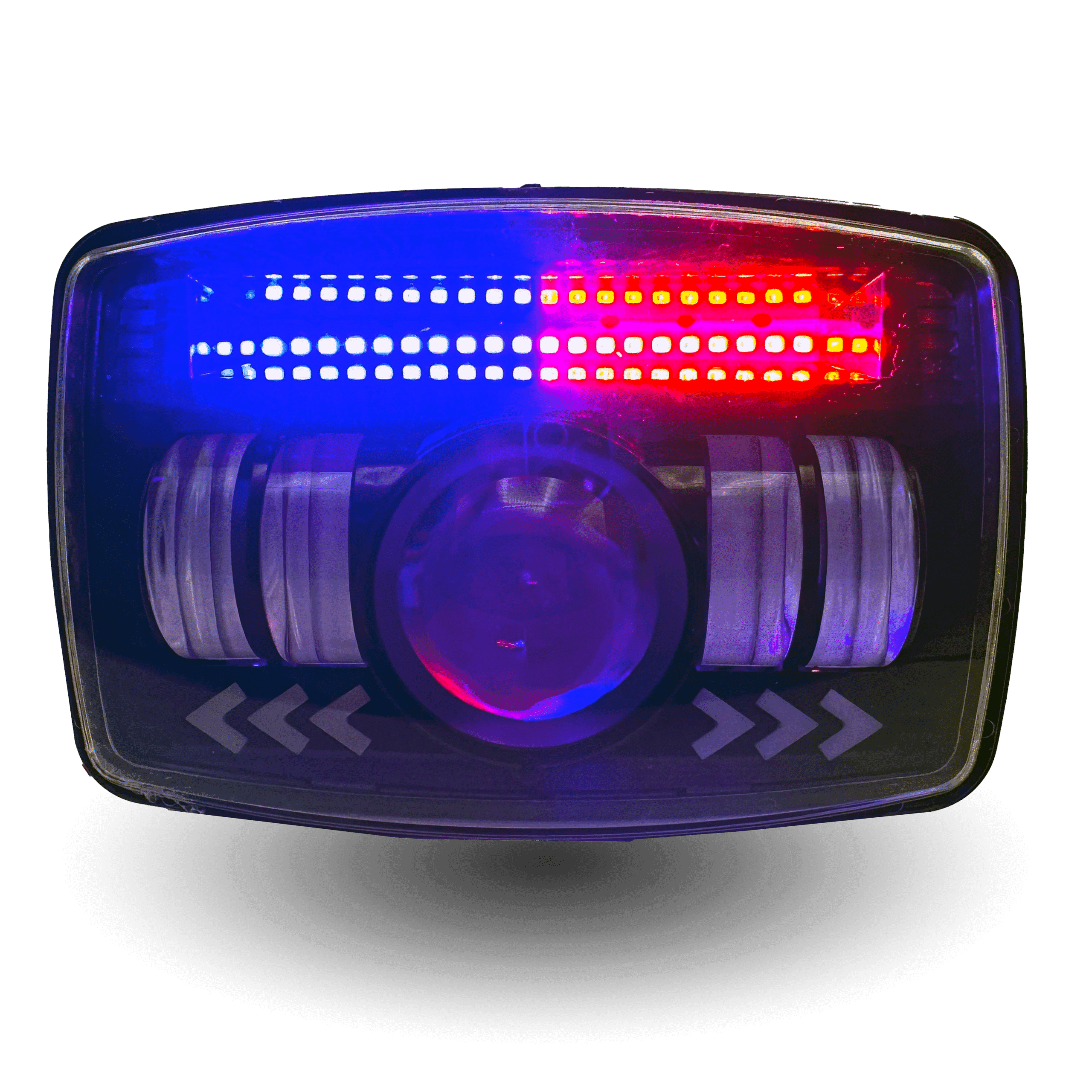 led panel dolphin headlight: Rectangular unit with blue/red LED bar, central lens, ribbed sides, and directional arrows