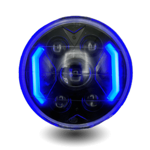 Round LED Panel XS6" headlight with a bright blue halo, black center, four smaller LED lights, and blue X-shaped accents.