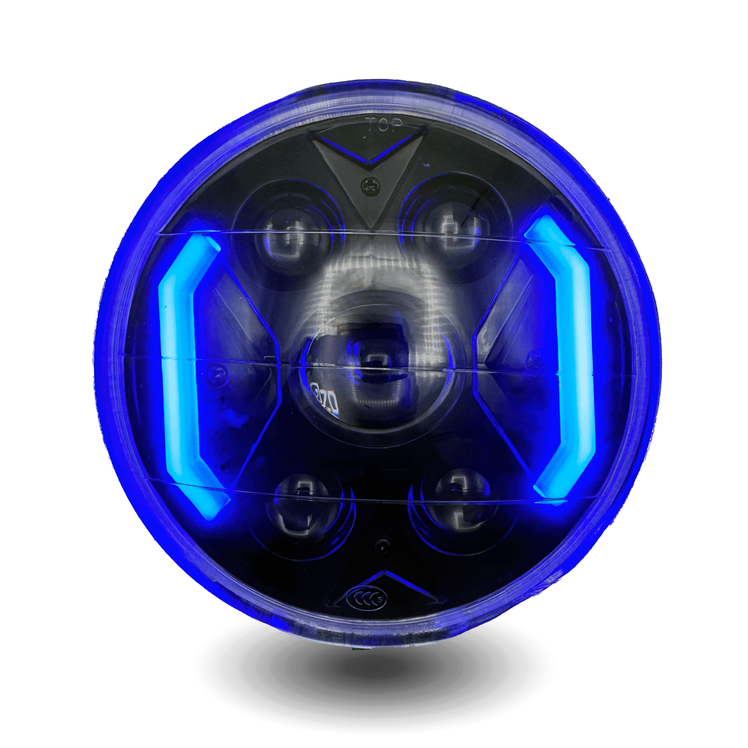 Round LED Panel XS6" headlight with a bright blue halo, black center, four smaller LED lights, and blue X-shaped accents.
