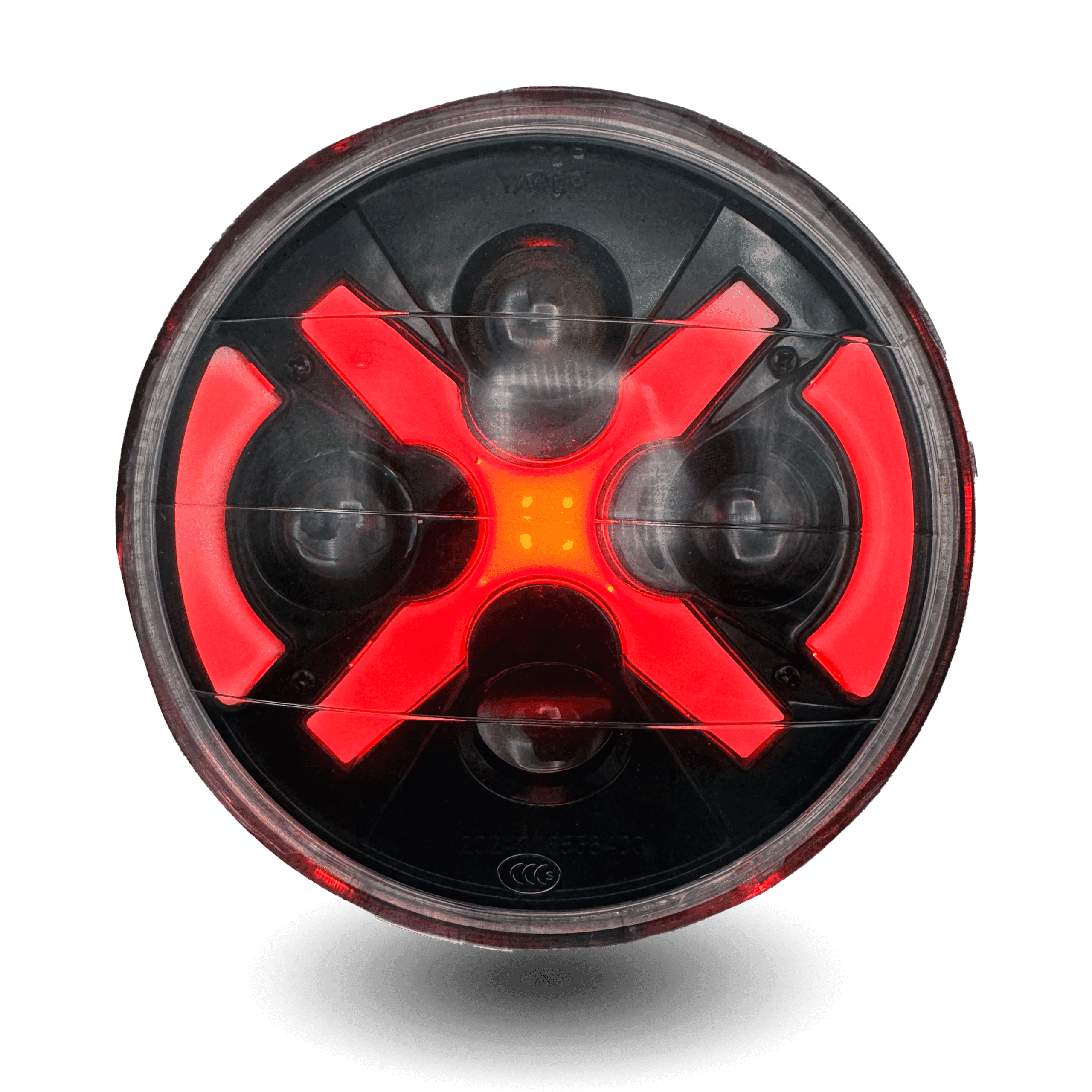 Round led panel x6″ with a red "X" design and a central amber light, set against a black background.