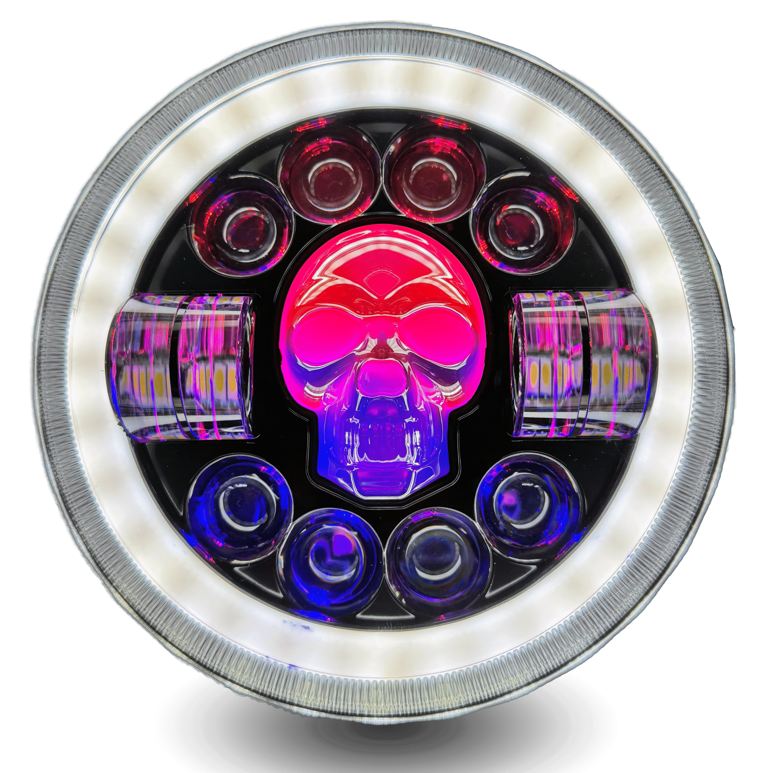LED Panel X7 skull headlight: Round light with white halo, skull center fades from red to blue, surrounded by red and blue lenses and clear light bars.