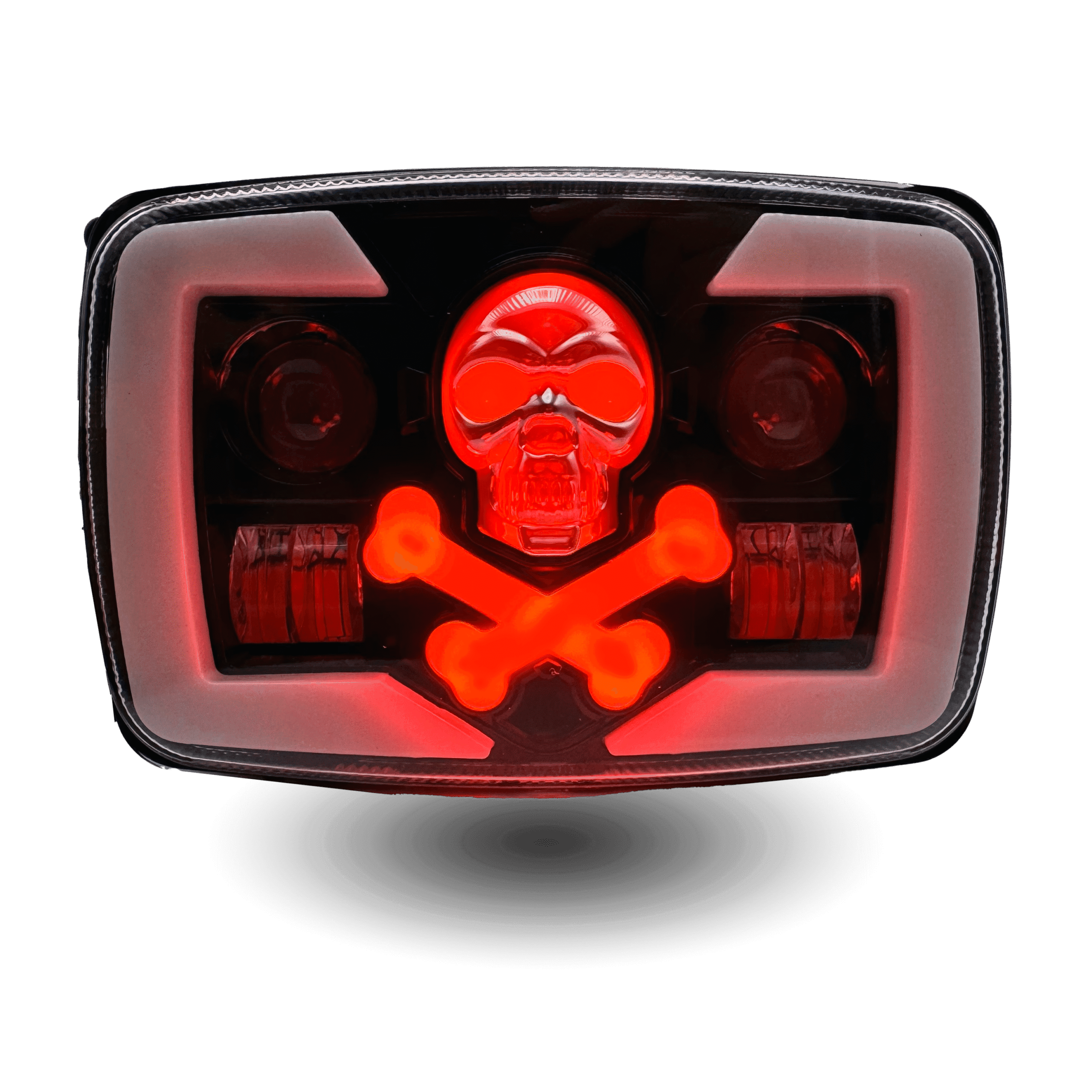 led panel skull x mini: rectangular light with a red skull and crossbones design on a black background, framed by a white border.