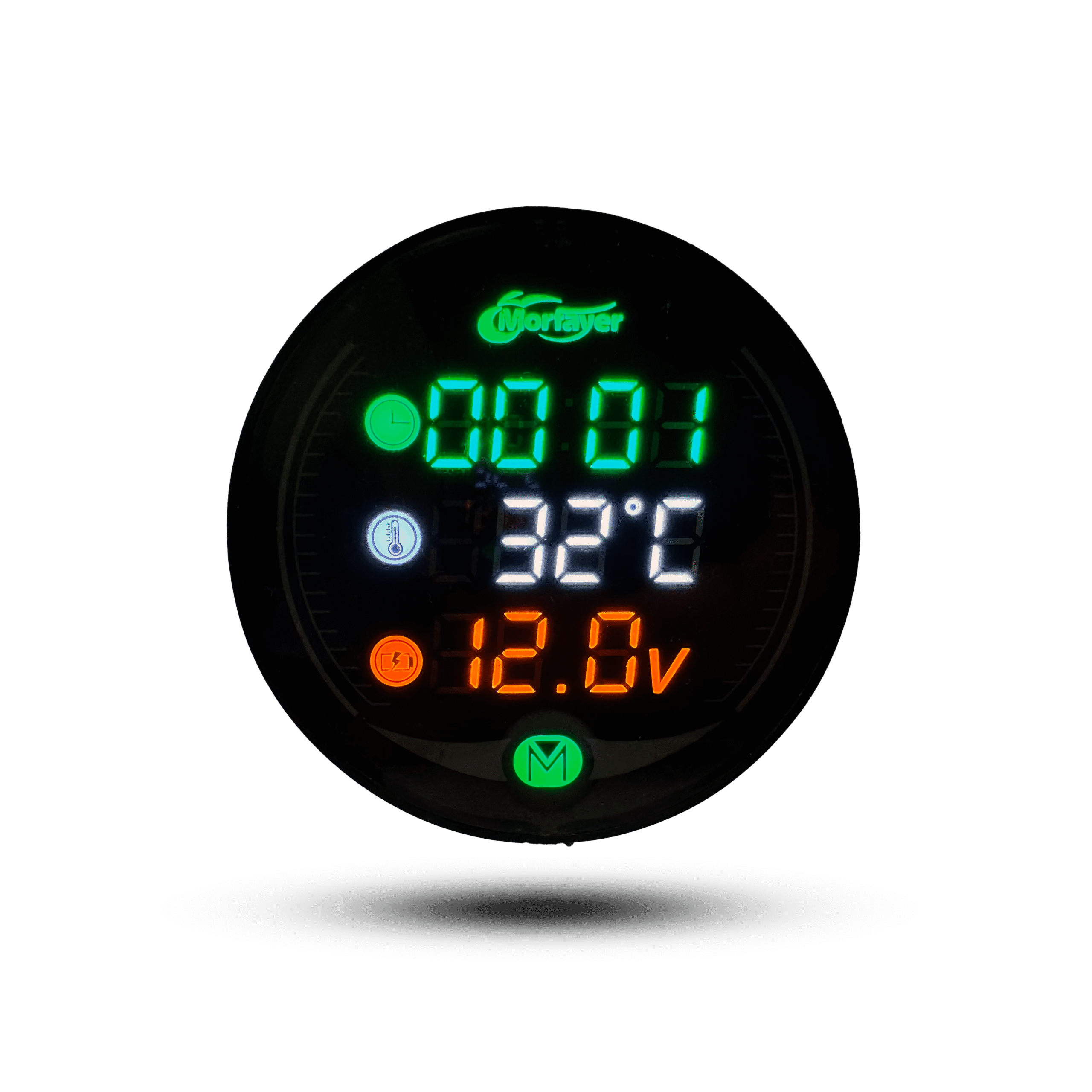 Digital clock showing time, 32°C temperature, and 12.0V voltage on a round LED gauge with green, white, and orange digits.