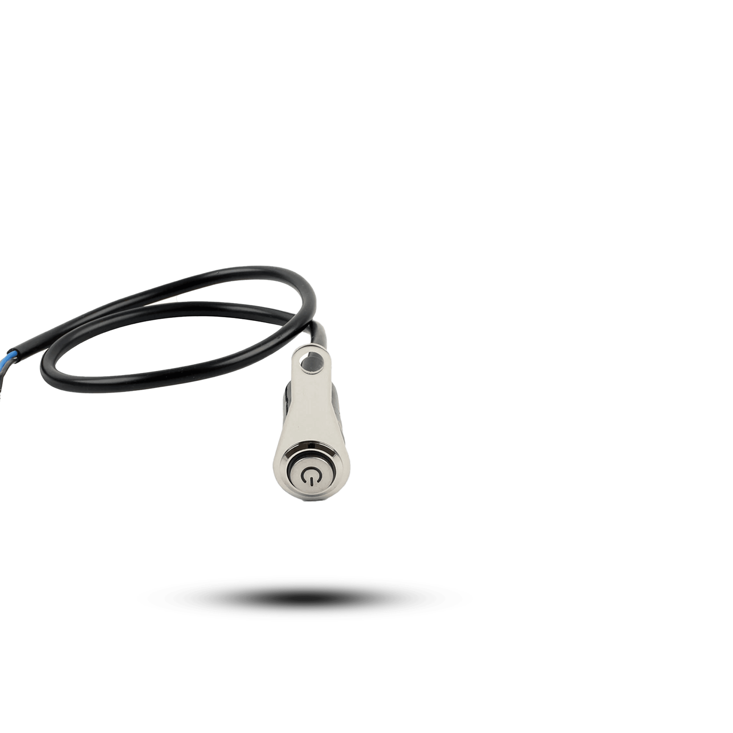 Chrome one way single switch with power symbol, mounted on a bracket with attached black cable.