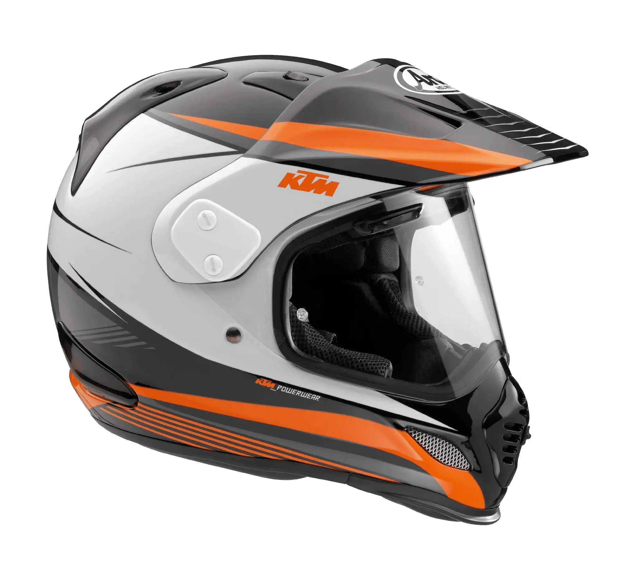 A KTM adventure helmet in white, black, and orange. The helmet has a clear visor and a prominent peak. "KTM Powerwear" is visible on the side. A great choice when choosing the right helmet for your riding style.