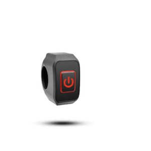 Black one way switch for handlebars with a red illuminated power symbol, designed for easy on/off control