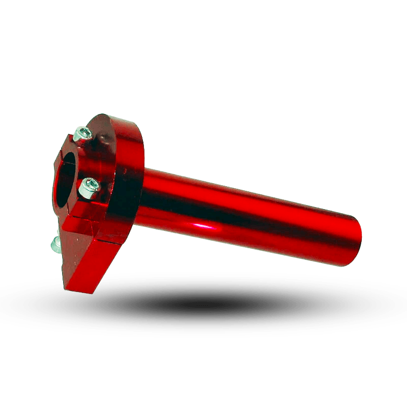 Red anodized aluminum race insulator pipe throttle assembly with visible screws, designed for high-performance applications.