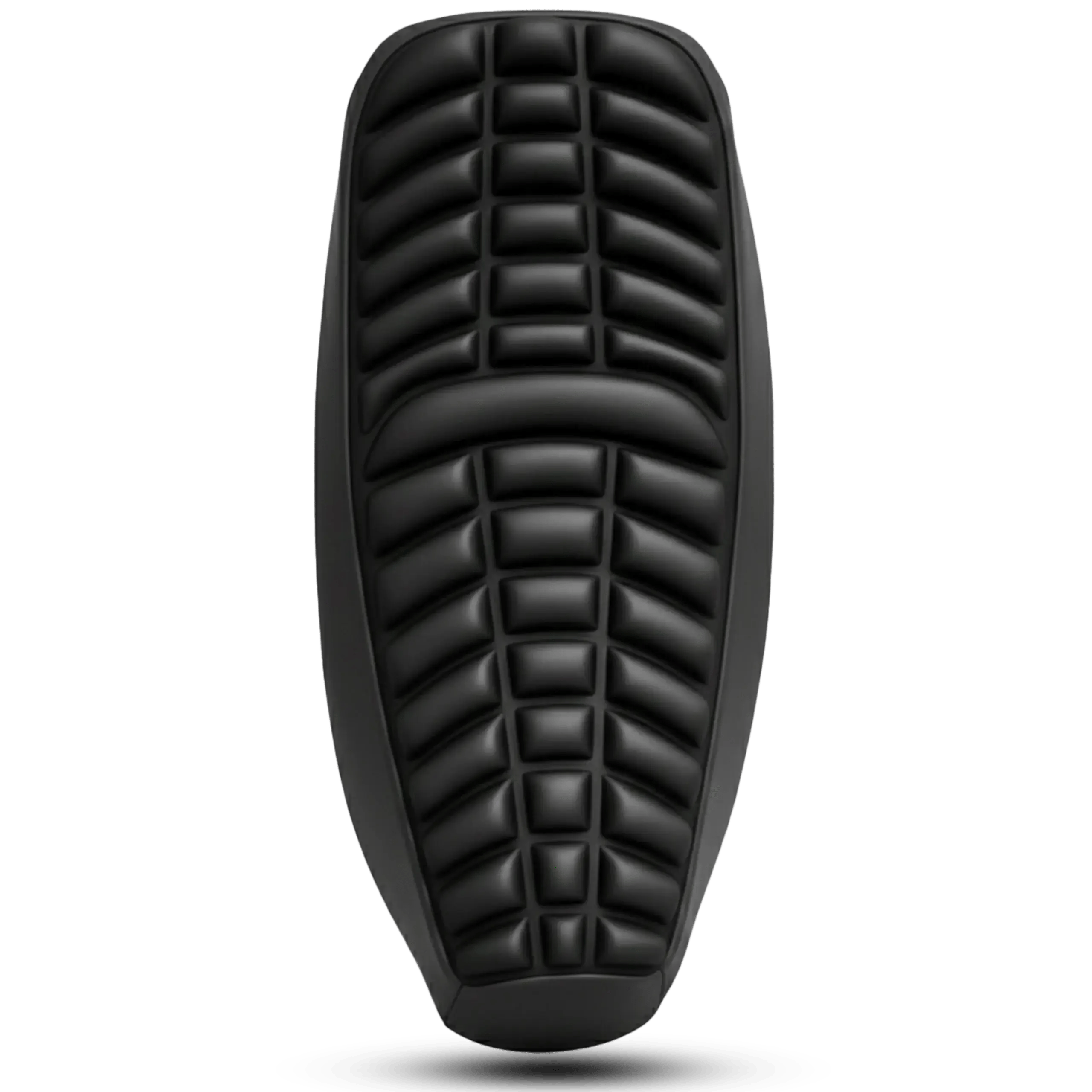 op-down professional studio shot of a black universal 3D motorcycle seat cover featuring a matte finish, ergonomic pressure-relief segments, and an anti-slip mesh texture on a clean grey background.