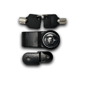 Black disk lock bsdpp with chrome cylinder and two keys, designed for security. The lock's body and attachment point are also black.
