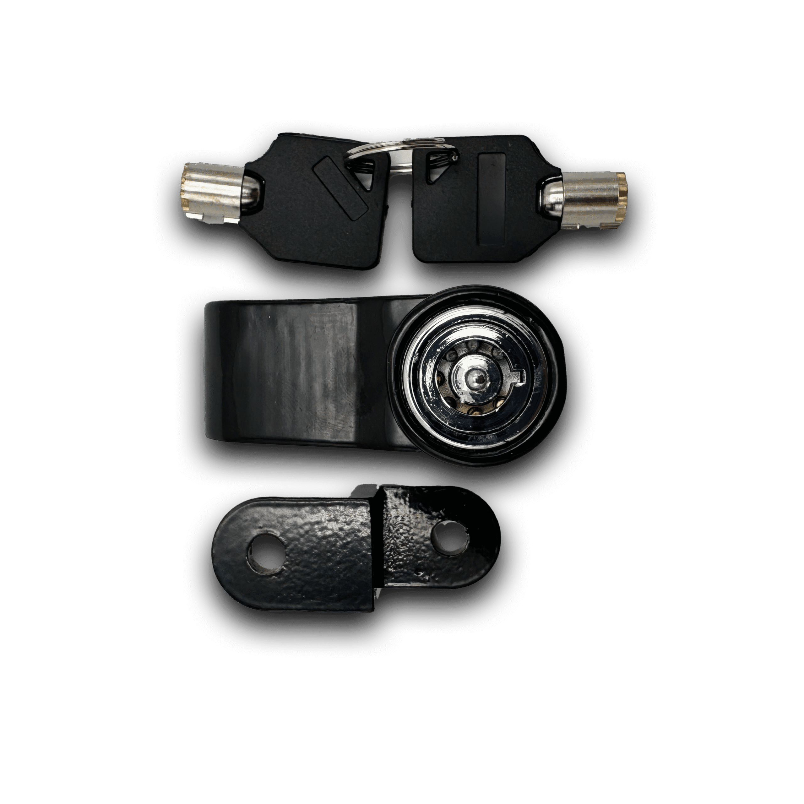 Black disk lock bsdpp with chrome cylinder and two keys, designed for security. The lock's body and attachment point are also black.