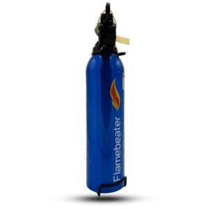 Blue flamebeater fire bottle, compact extinguisher with easy-grip handle and flame graphic, ready for quick fire suppression.
