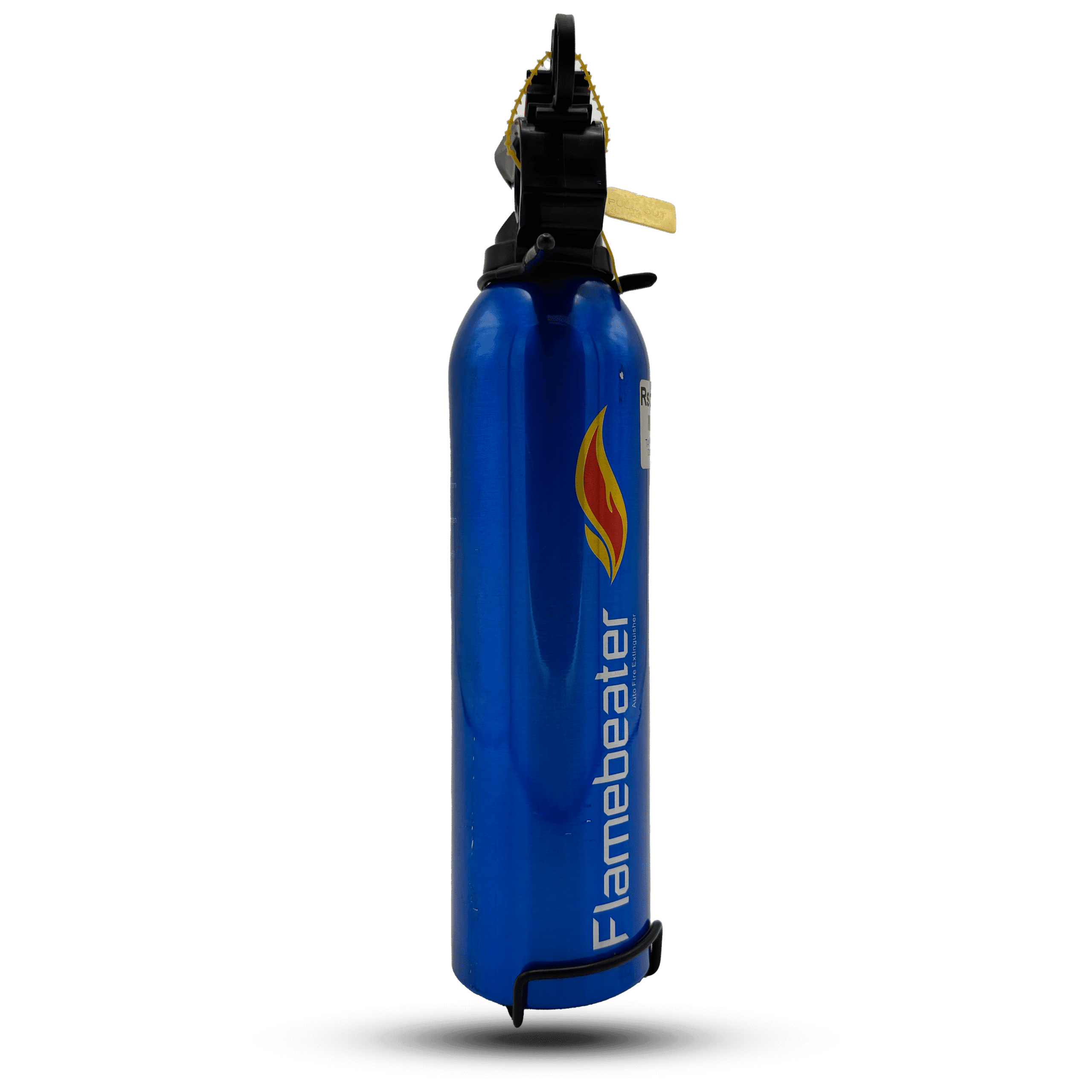 Blue flamebeater fire bottle, compact extinguisher with easy-grip handle and flame graphic, ready for quick fire suppression.