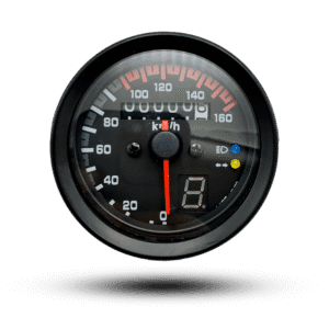 Black meter single led speedometer featuring a red needle, analog gauge up to 160 km/h, and digital display showing 8 km/h.