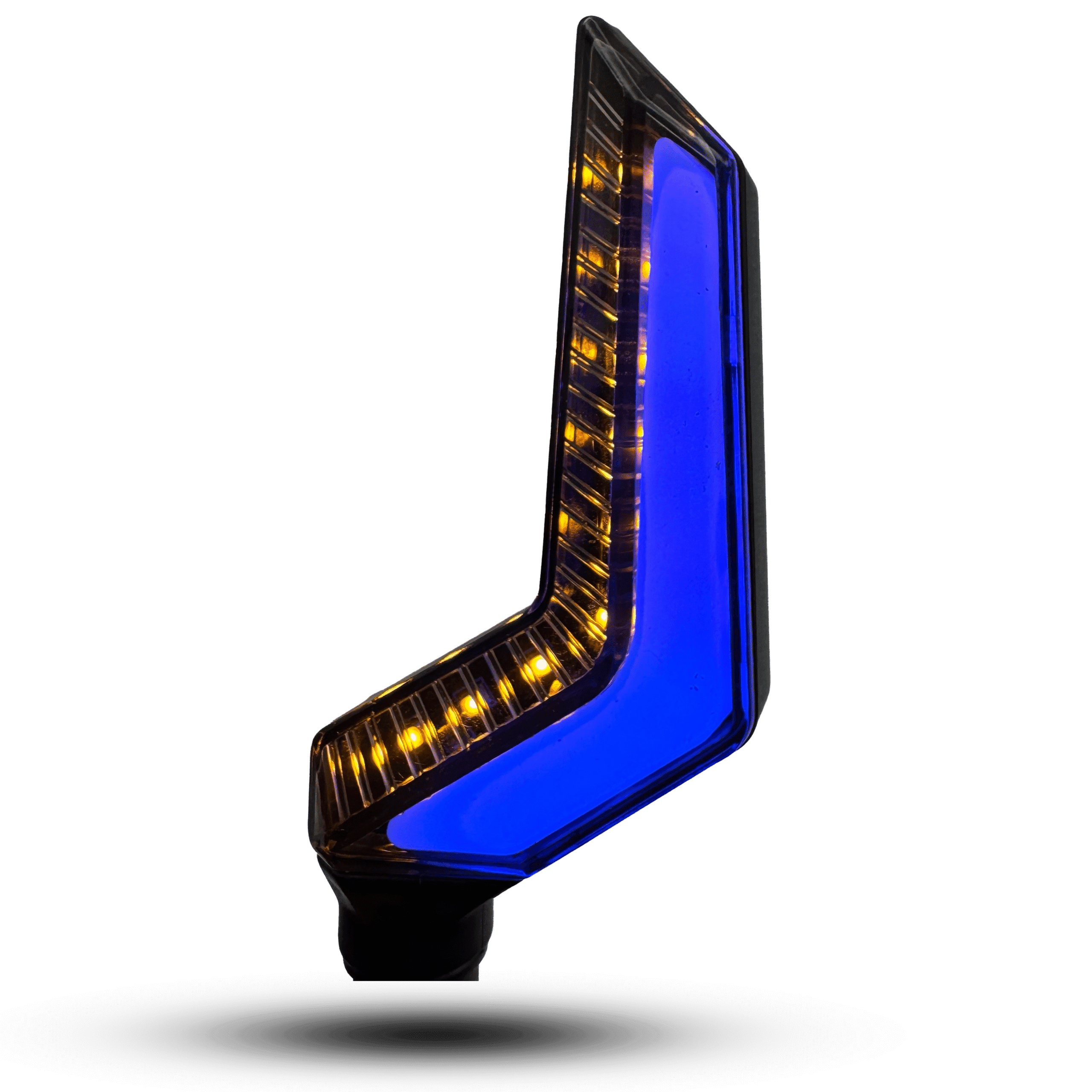 Indicator LED RS English Indicator led rs with a striking blue outline and amber lights, modern arrow design for motorcycle customization.