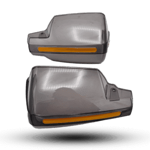 Translucent gray hand guard r1 set with amber marker lights, providing protection and visibility for motorcycle or ATV handlebars