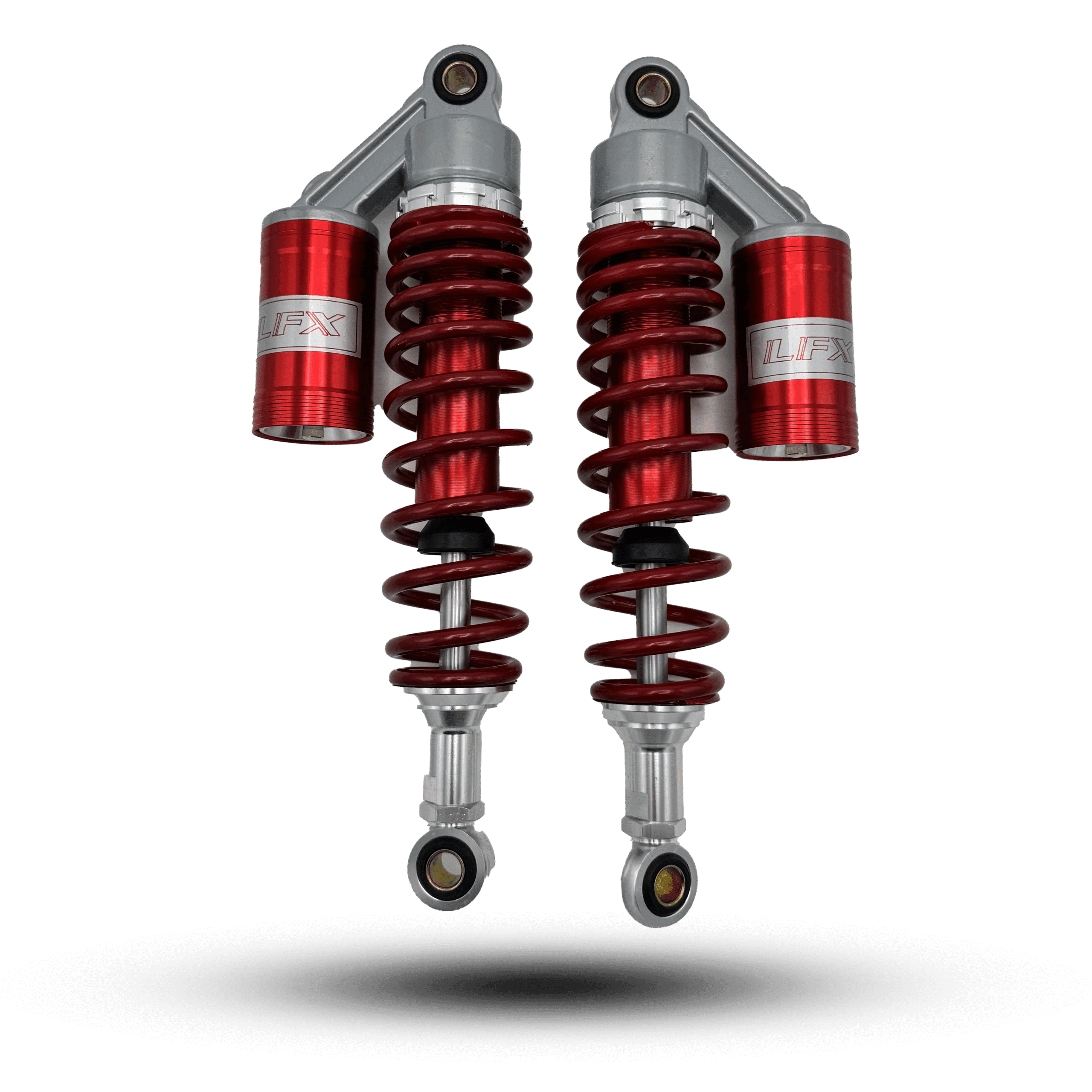 Pair of red and silver shock lfx motorcycle shocks with visible springs and mounting points.