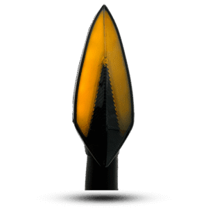Amber indicator led arrow showing a sharp, directional design with a black, stepped rear, mounted on a black stem.