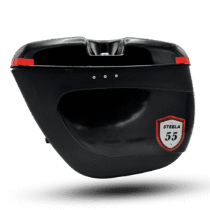 Black motorcycle side box steela55 with a red reflector strip and "STEELA 55" badge, designed for secure storage on the go.