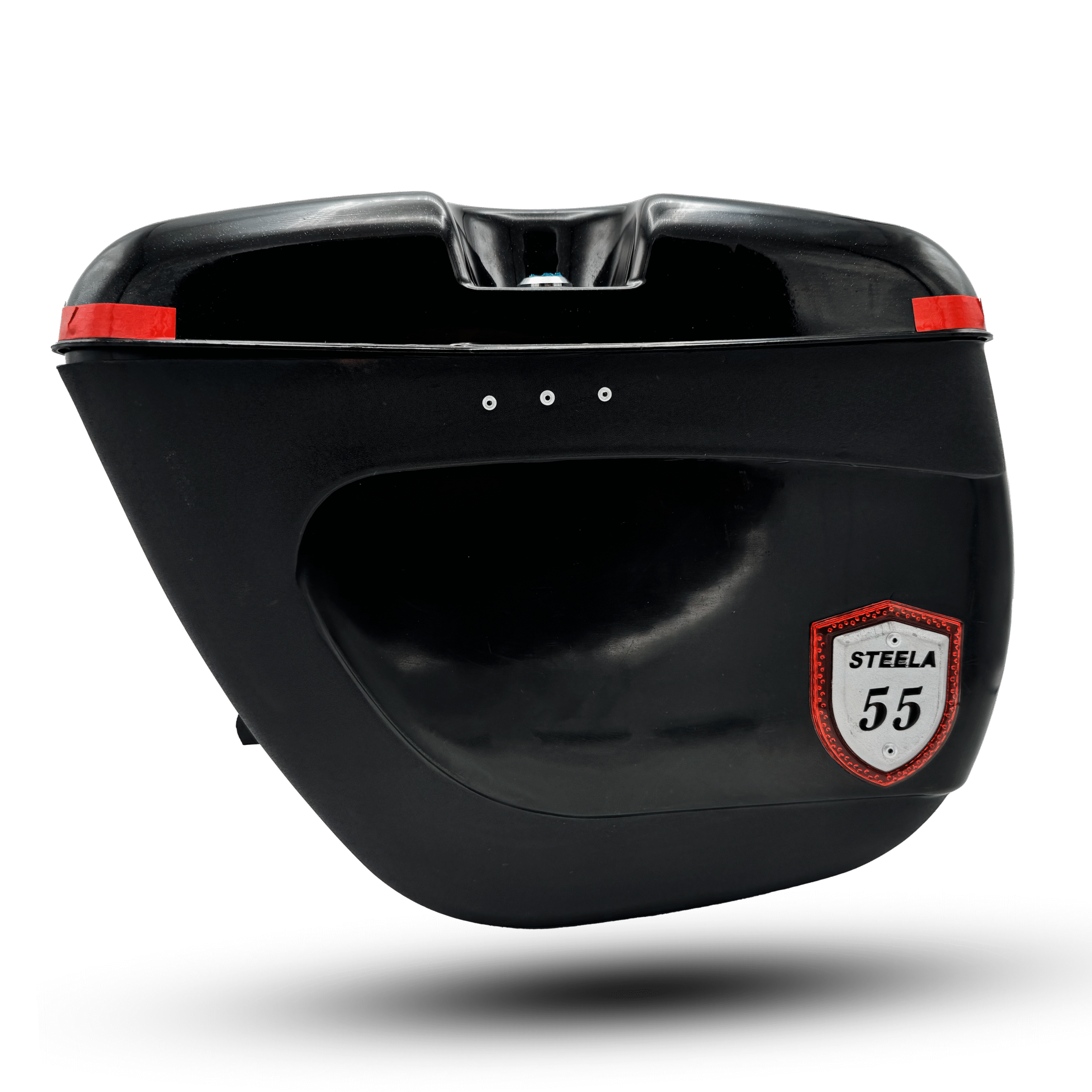 Black motorcycle side box steela55 with a red reflector strip and "STEELA 55" badge, designed for secure storage on the go.