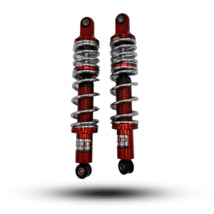 Red shock sie with chrome springs, motorcycle suspension components for improved ride and handling.